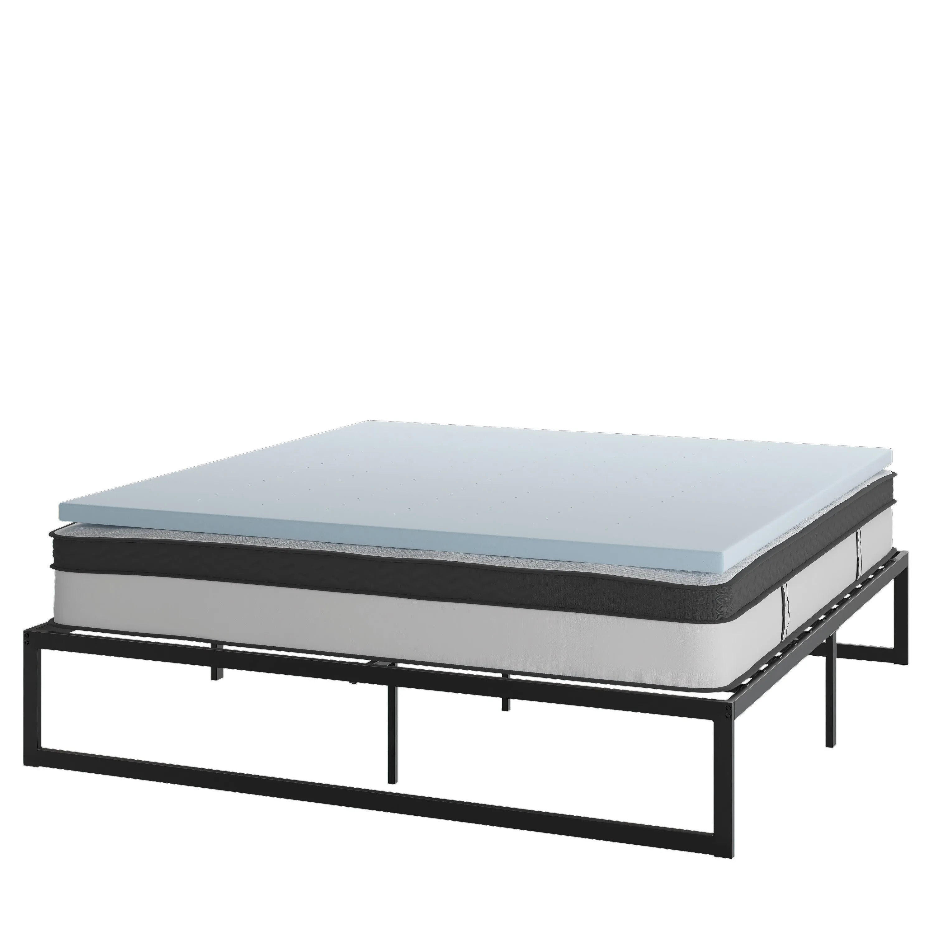 14 Inch Metal Platform Bed Frame with 12 Inch Pocket Spring Mattress in a Box and 2 Inch Cool Gel Memory Foam Topper - King