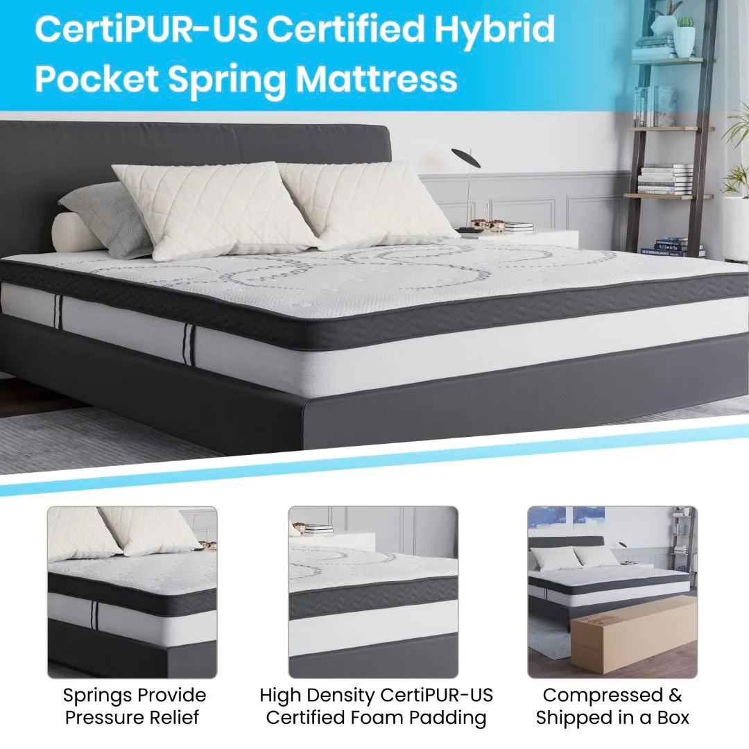 14 Inch Metal Platform Bed Frame with 12 Inch Pocket Spring Mattress in a Box and 2 Inch Cool Gel Memory Foam Topper - King