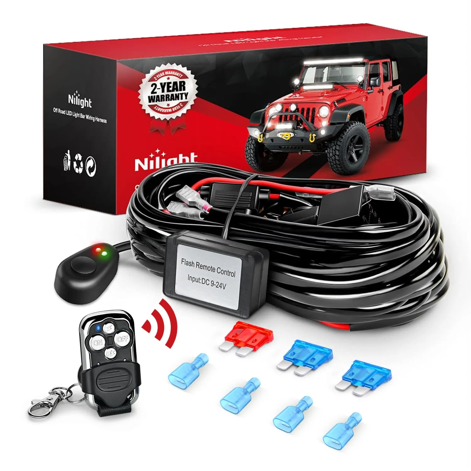 16AWG Wire Harness Kit 2 Leads W/ Remote Controller Switch | 3 Fuses | 4 Spade Connectors
