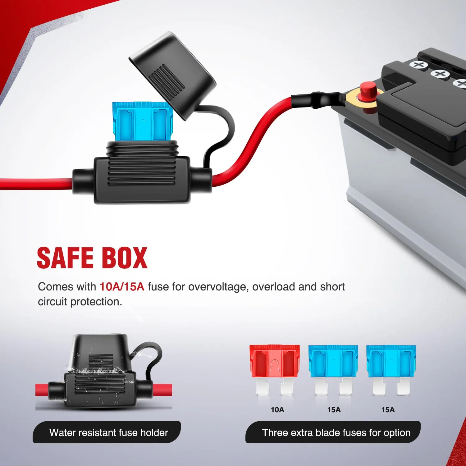 16AWG Wire Harness Kit 2 Leads W/ Remote Controller Switch | 3 Fuses | 4 Spade Connectors