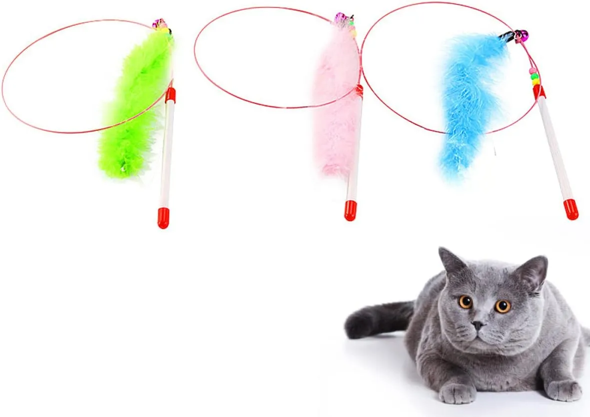3Pcs Cat Feather Teaser Wand with Steel Wire and Plastic Handle Interactive Colorful Teasing for Cats Engaging Pet Supplies for Home Playtime Mixed Colors