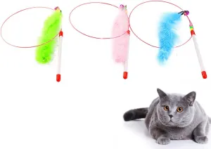 3Pcs Cat Feather Teaser Wand with Steel Wire and Plastic Handle Interactive Colorful Teasing for Cats Engaging Pet Supplies for Home Playtime Mixed Colors