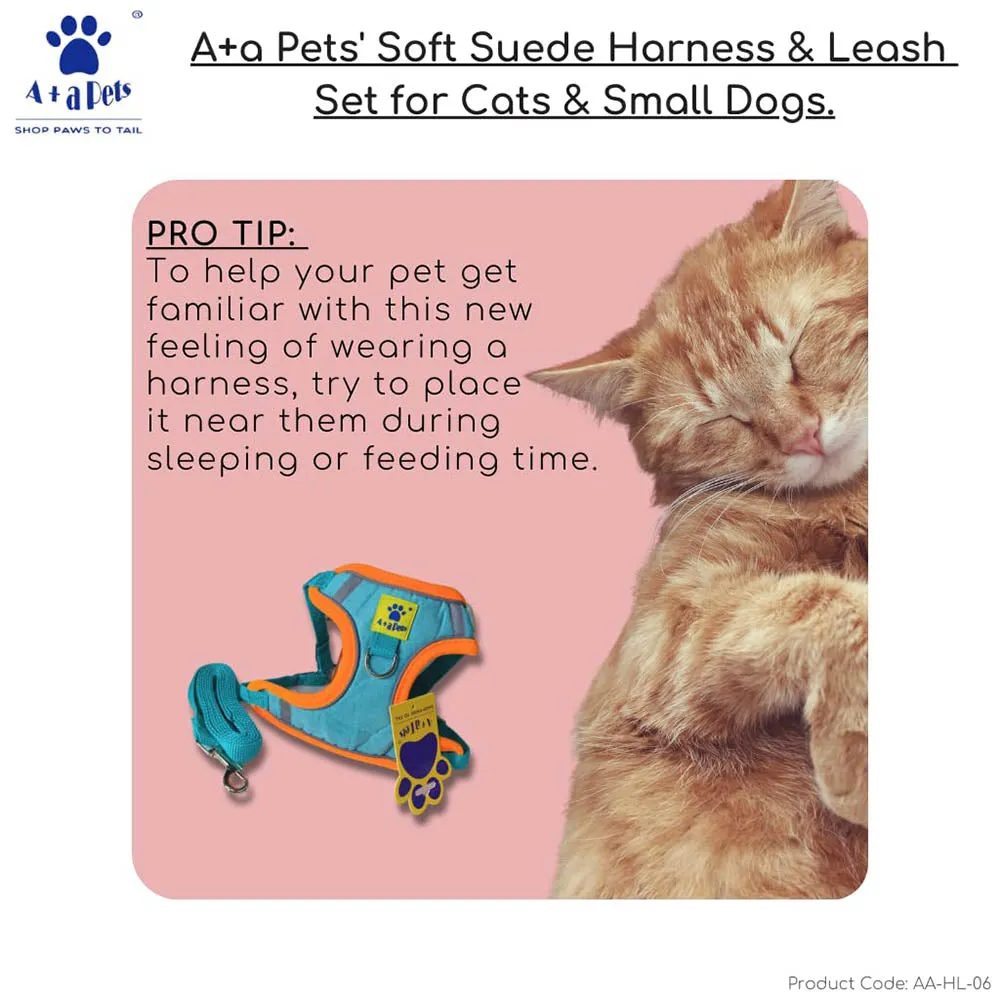 A a Pets' Reflective Harness & Leash Set for Cats, Puppies, Small Dogs Suede Fabric - Orange