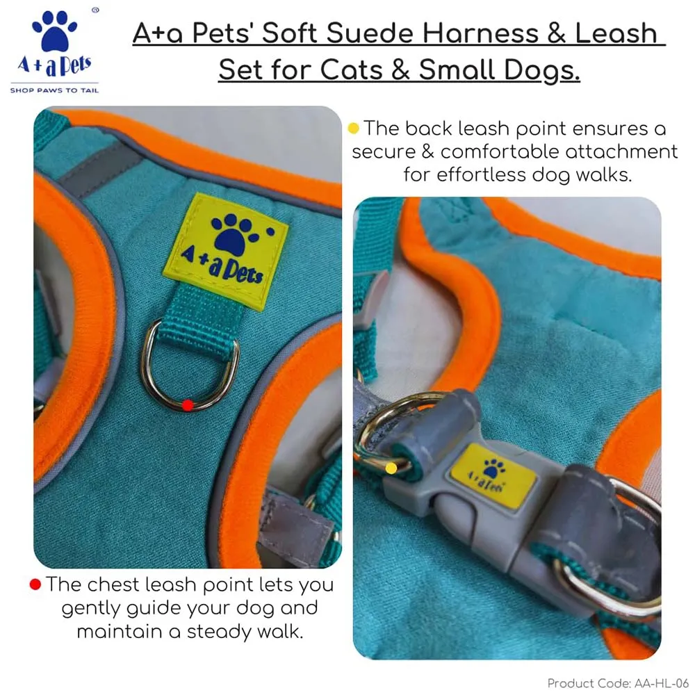 A a Pets' Reflective Harness & Leash Set for Cats, Puppies, Small Dogs Suede Fabric - Orange