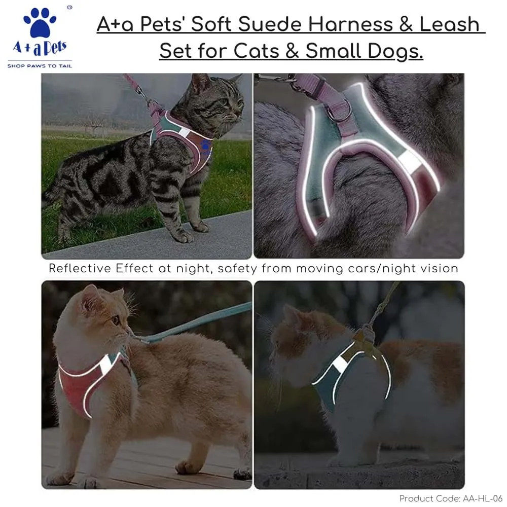 A a Pets' Reflective Harness & Leash Set for Cats, Puppies, Small Dogs Suede Fabric - Orange