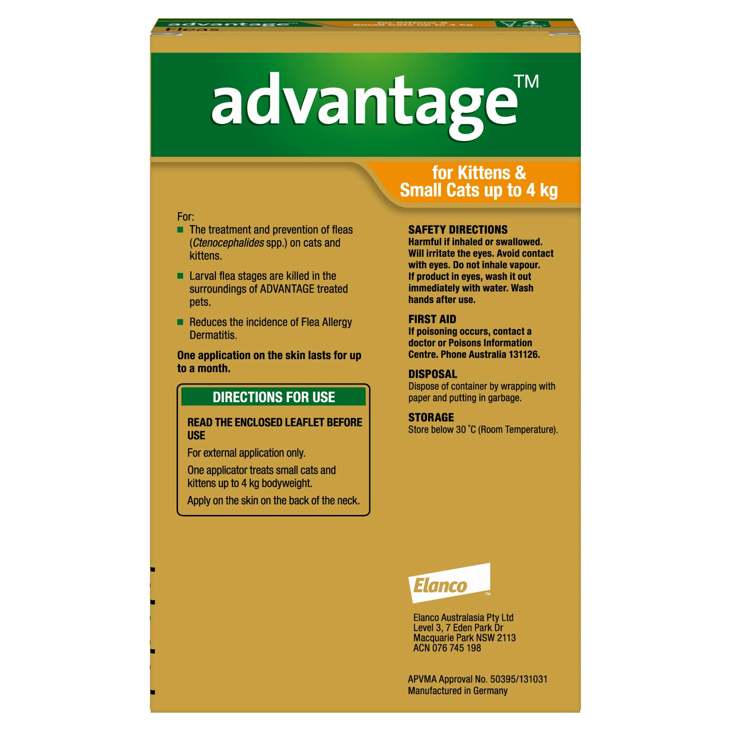 Advantage Flea Treatment for Cats 0-4kg Orange 4 Pack