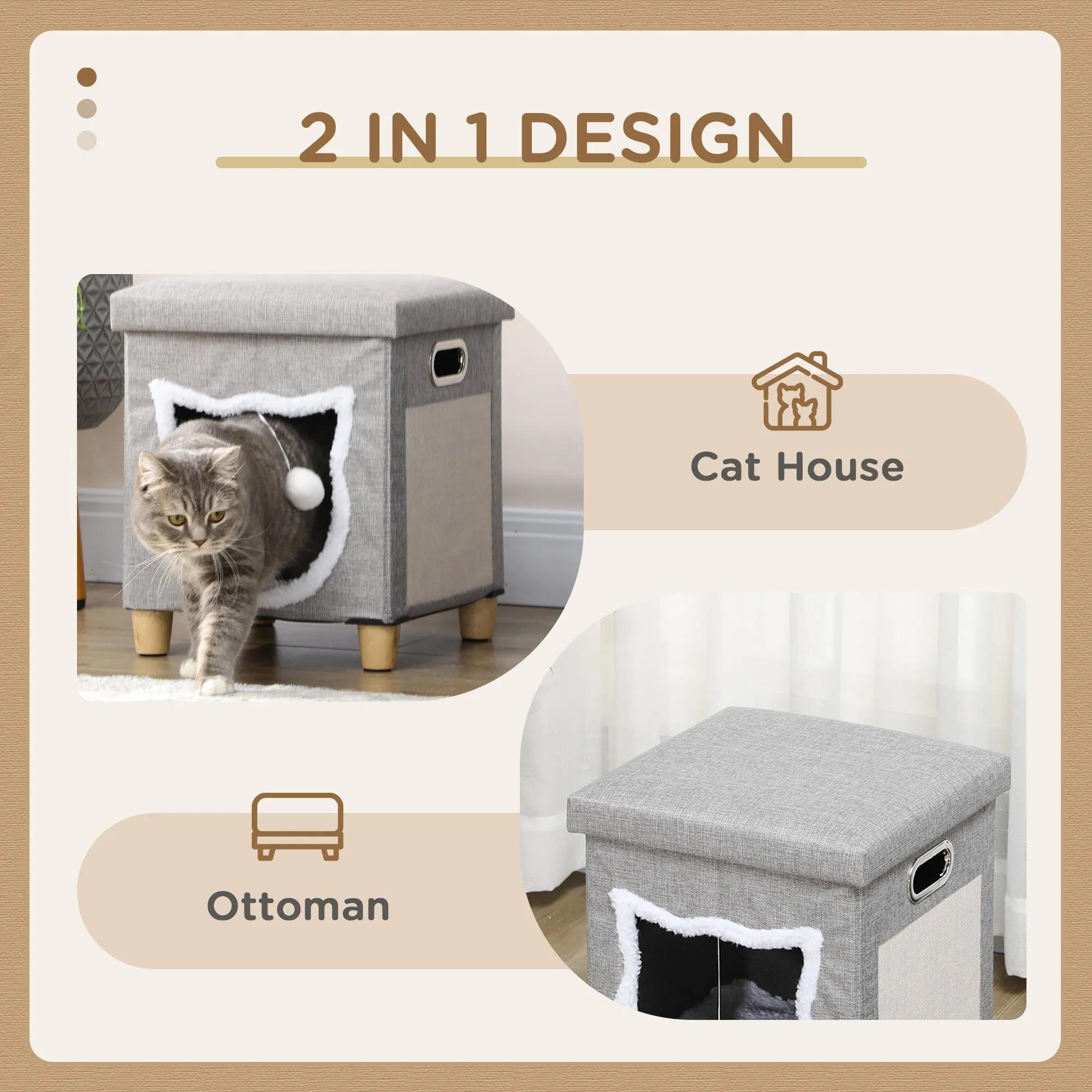 Cat Bed Ottoman with Removable Cushion, Scratcher - 35.5W cm- Grey