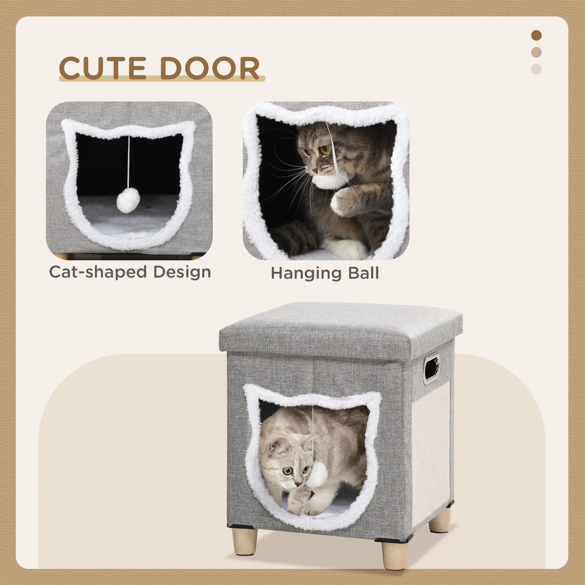 Cat Bed Ottoman with Removable Cushion, Scratcher - 35.5W cm- Grey