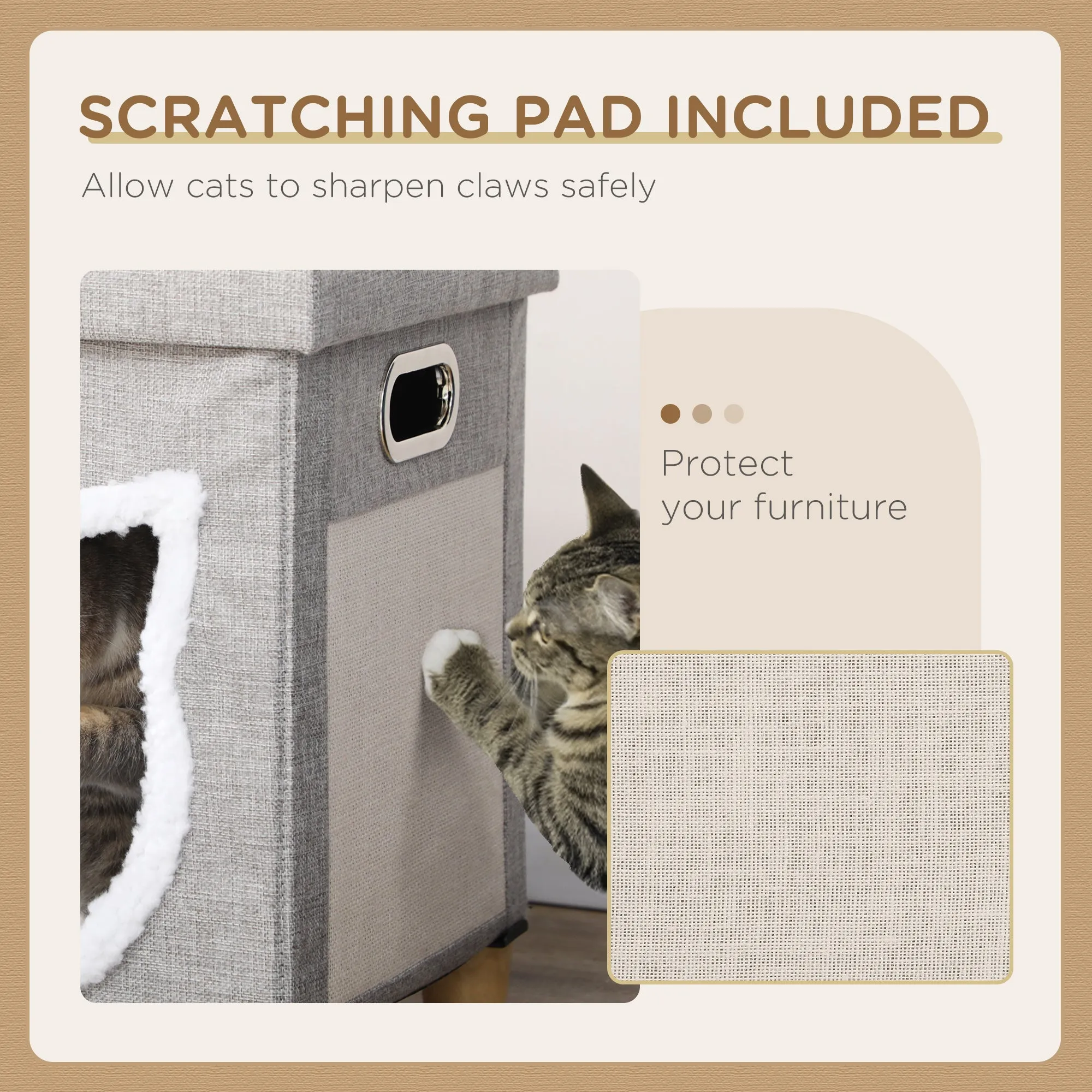 Cat Bed Ottoman with Removable Cushion, Scratcher - 35.5W cm- Grey
