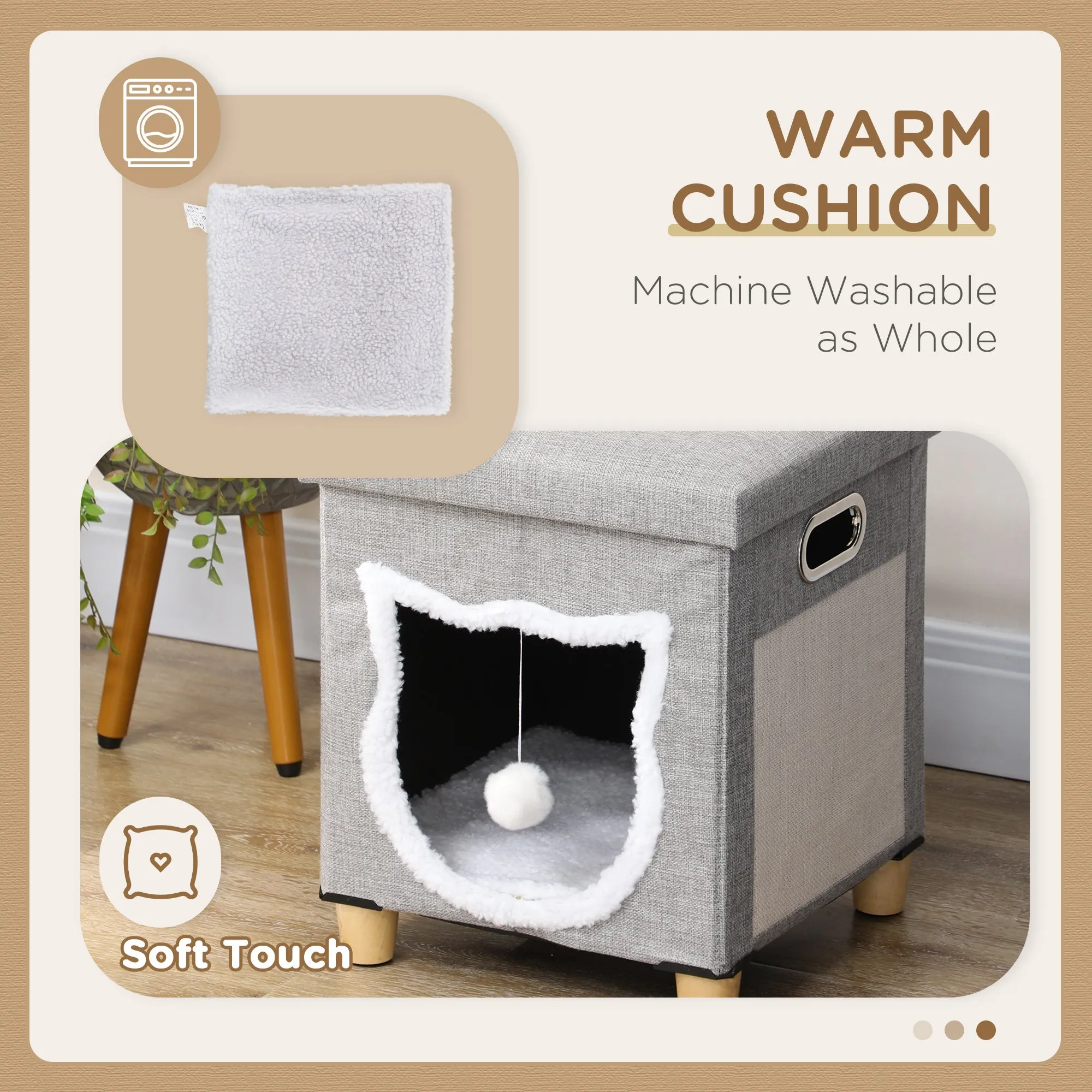 Cat Bed Ottoman with Removable Cushion, Scratcher - 35.5W cm- Grey