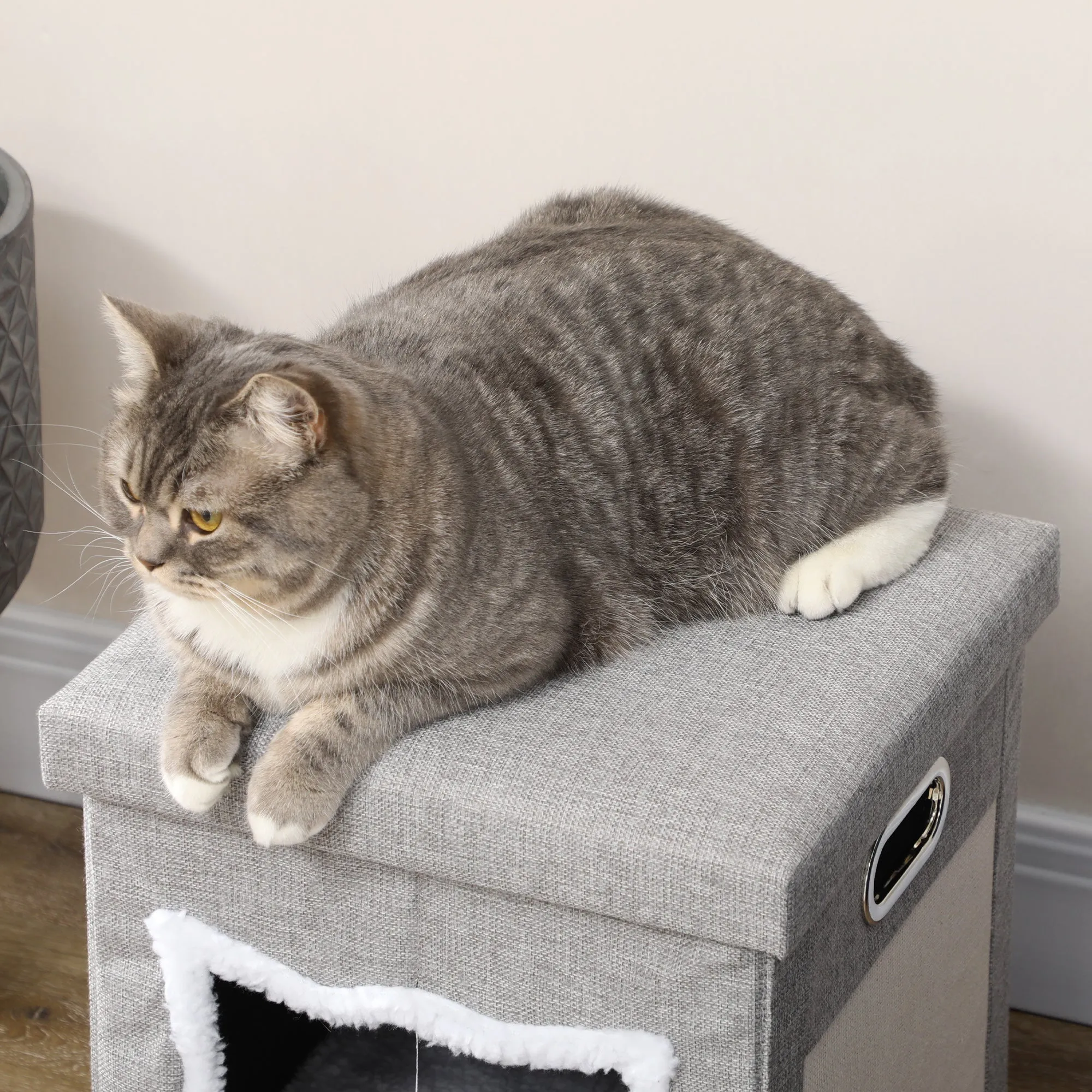 Cat Bed Ottoman with Removable Cushion, Scratcher - 35.5W cm- Grey