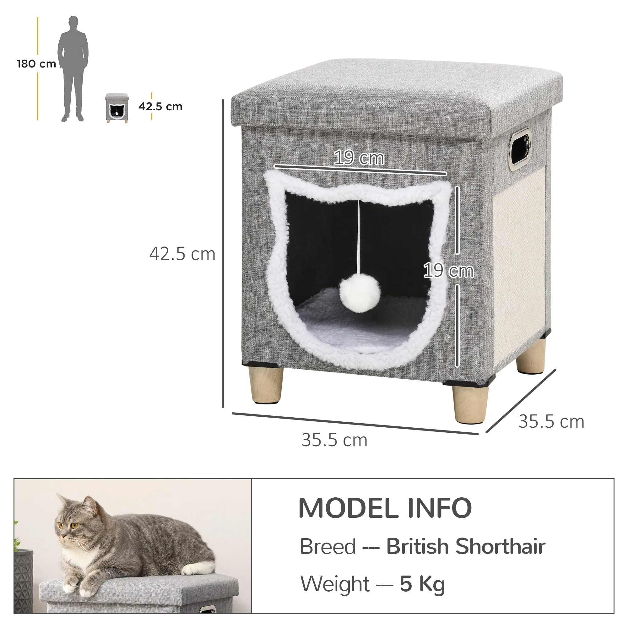 Cat Bed Ottoman with Removable Cushion, Scratcher - 35.5W cm- Grey
