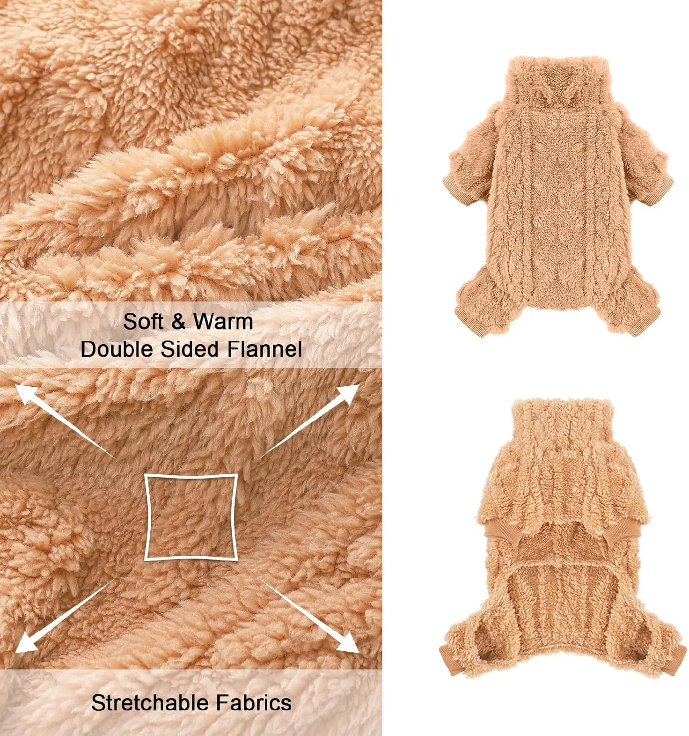 Dog Fleece Sweater, Winter Warm Small Dog Clothes for Girls Boy, Pet Stretchy Jumpsuit Pajamas, Turtleneck Puppy Sweaters with 4 Legged(Khaki, S)