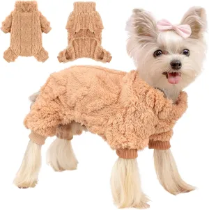Dog Fleece Sweater, Winter Warm Small Dog Clothes for Girls Boy, Pet Stretchy Jumpsuit Pajamas, Turtleneck Puppy Sweaters with 4 Legged(Khaki, S)