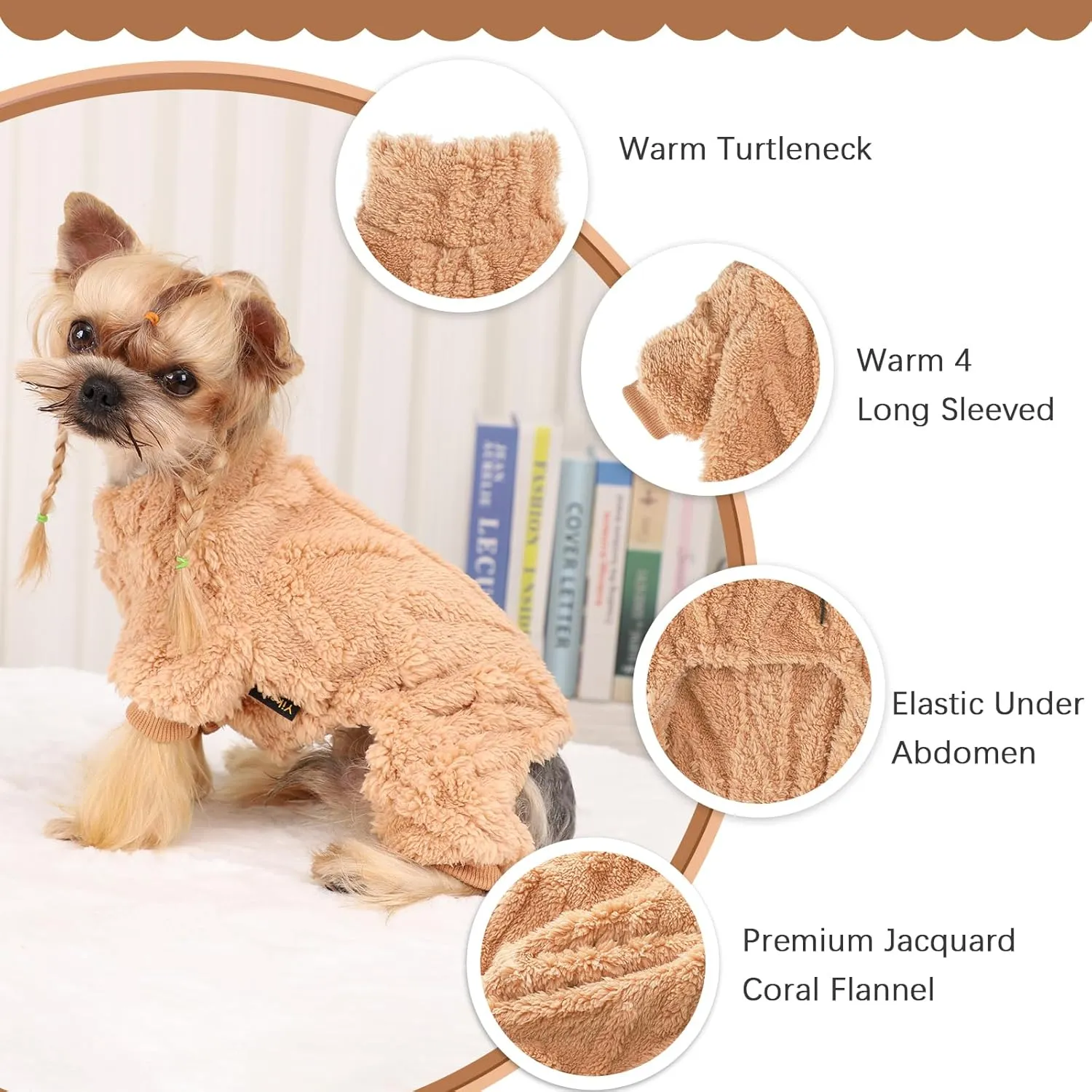 Dog Fleece Sweater, Winter Warm Small Dog Clothes for Girls Boy, Pet Stretchy Jumpsuit Pajamas, Turtleneck Puppy Sweaters with 4 Legged(Khaki, S)