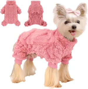 Dog Fleece Sweater, Winter Warm Small Dog Clothes for Girls Boy, Pet Stretchy Jumpsuit Pajamas, Turtleneck Puppy Sweaters with 4 Legged(Rose Pink, S)