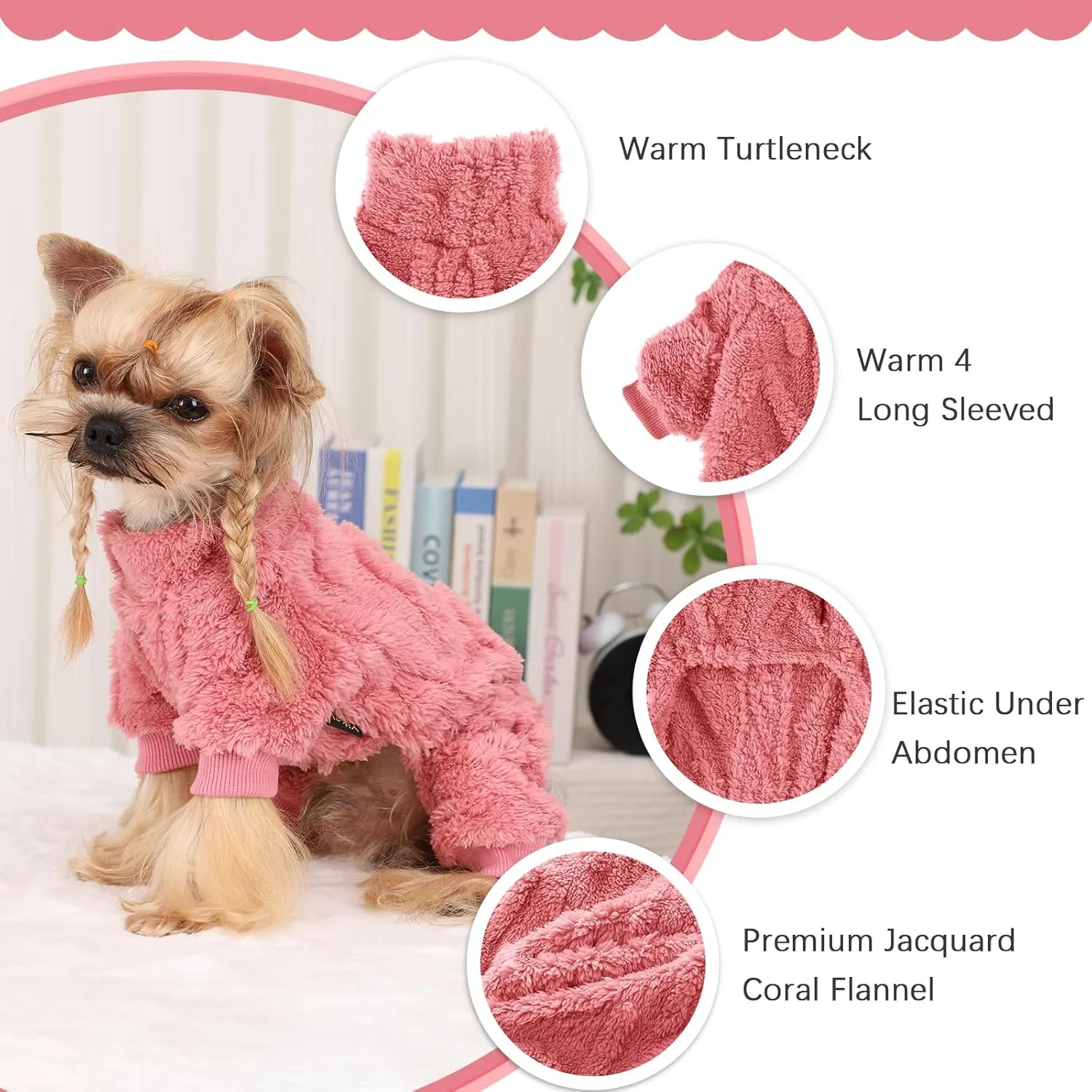 Dog Fleece Sweater, Winter Warm Small Dog Clothes for Girls Boy, Pet Stretchy Jumpsuit Pajamas, Turtleneck Puppy Sweaters with 4 Legged(Rose Pink, S)