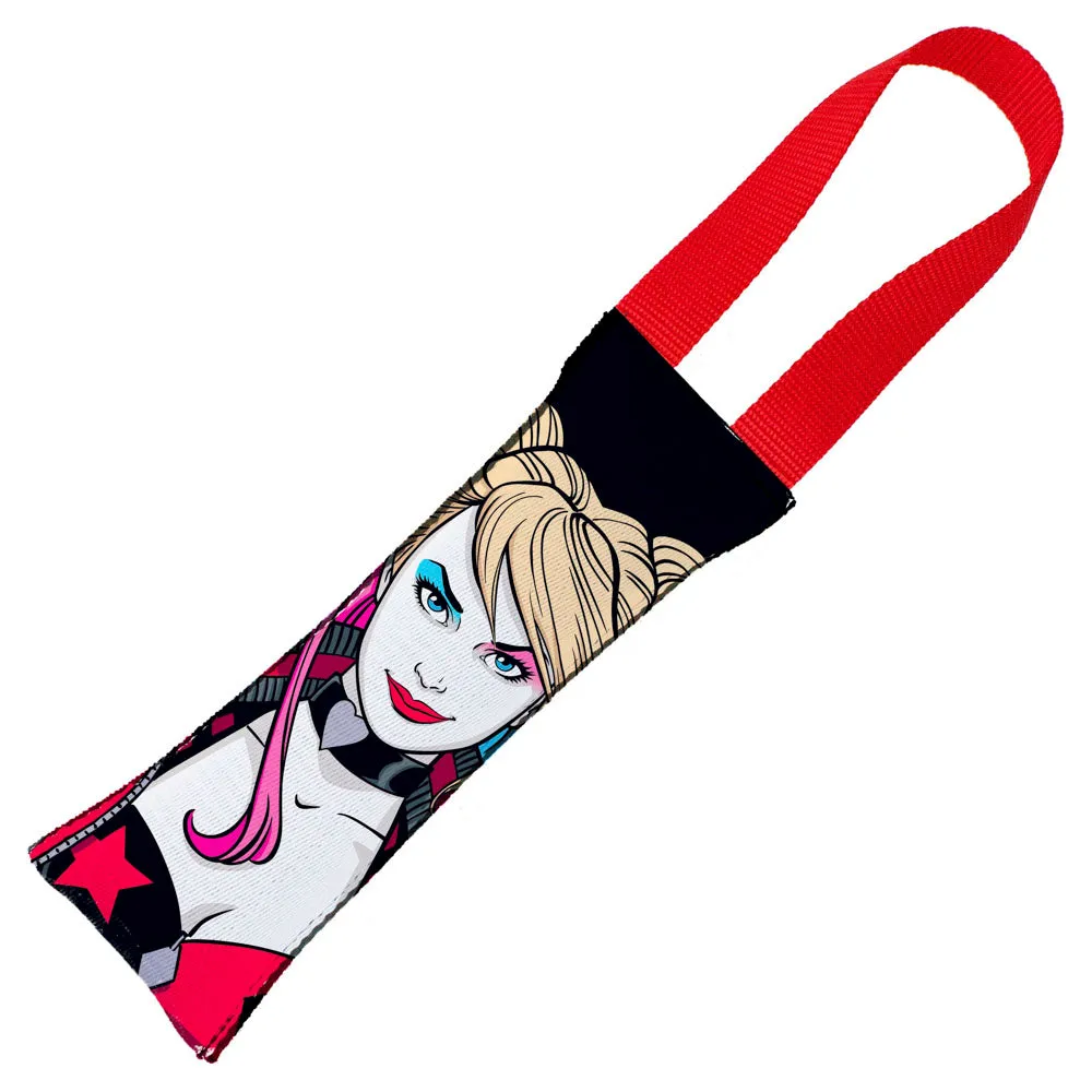 Dog Toy Squeaky Tug Toy - Harley Quinn Face   Diamond Icon CLOSE-UP Black Red - RED Webbing