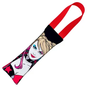Dog Toy Squeaky Tug Toy - Harley Quinn Face   Diamond Icon CLOSE-UP Black Red - RED Webbing