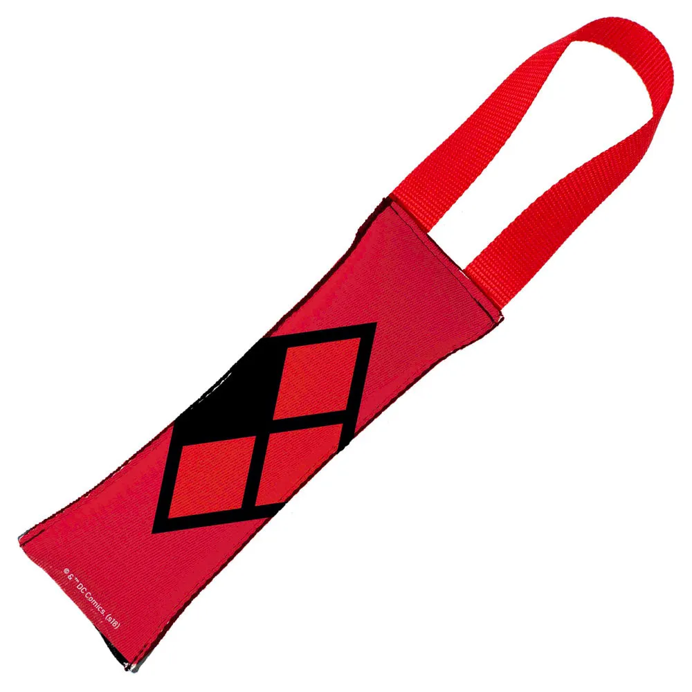 Dog Toy Squeaky Tug Toy - Harley Quinn Face   Diamond Icon CLOSE-UP Black Red - RED Webbing