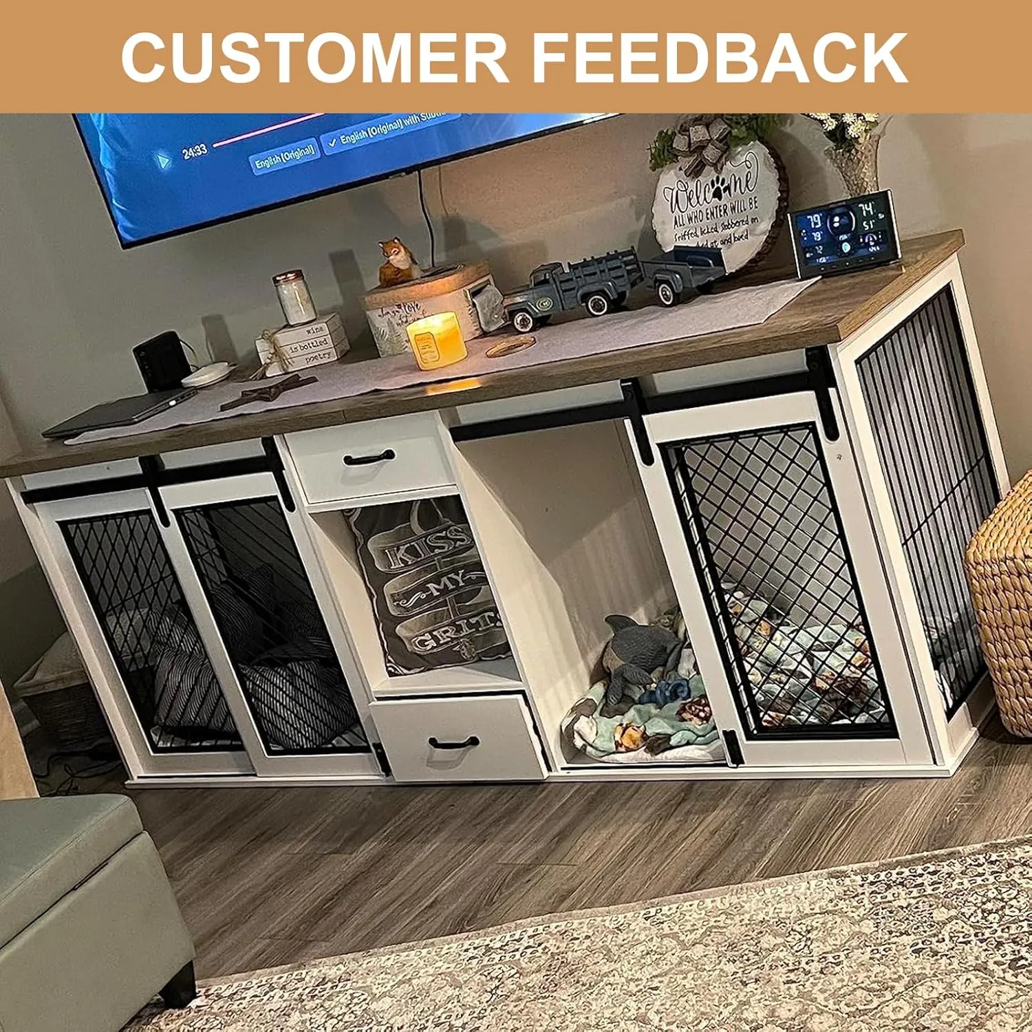 Extra Large Dog Crate Furniture, 85" Sliding Door Double Kennel for 2 Large Dogs Divided, Heavy Duty Wooden Dog Crate Kennel Furniture with 4 Dog Bowls and Drawer Indoor, White