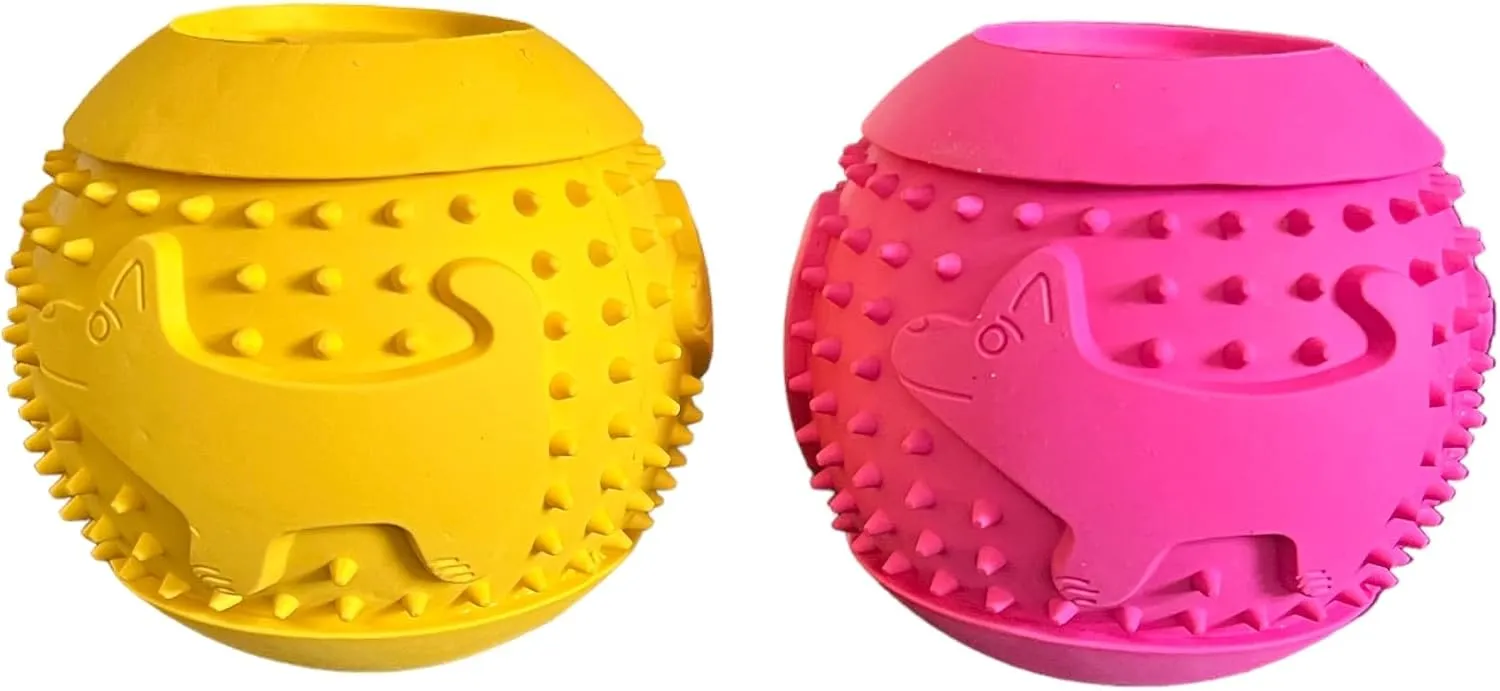 Feed N' Fetch Interactive Treat Ball - Multipurpose Dog Feeder, Teeth Cleaner & Treat Dispenser - Food Puzzle Toy for All Dog Breeds & Sizes - Natural Rubber Play Fetch Ball - 2 Pack
