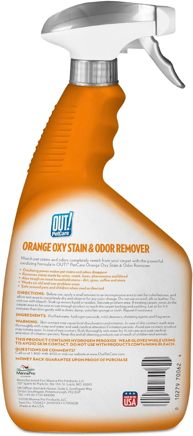OUT! PetCare Complete Oxy Stain Remover, Oxy Orange Spray, Pet Stain and Odor Eliminator, Carpet Cleaner, Urine Remover and Odor Neutralizer, Upholstery Cleaner, 32 fl oz