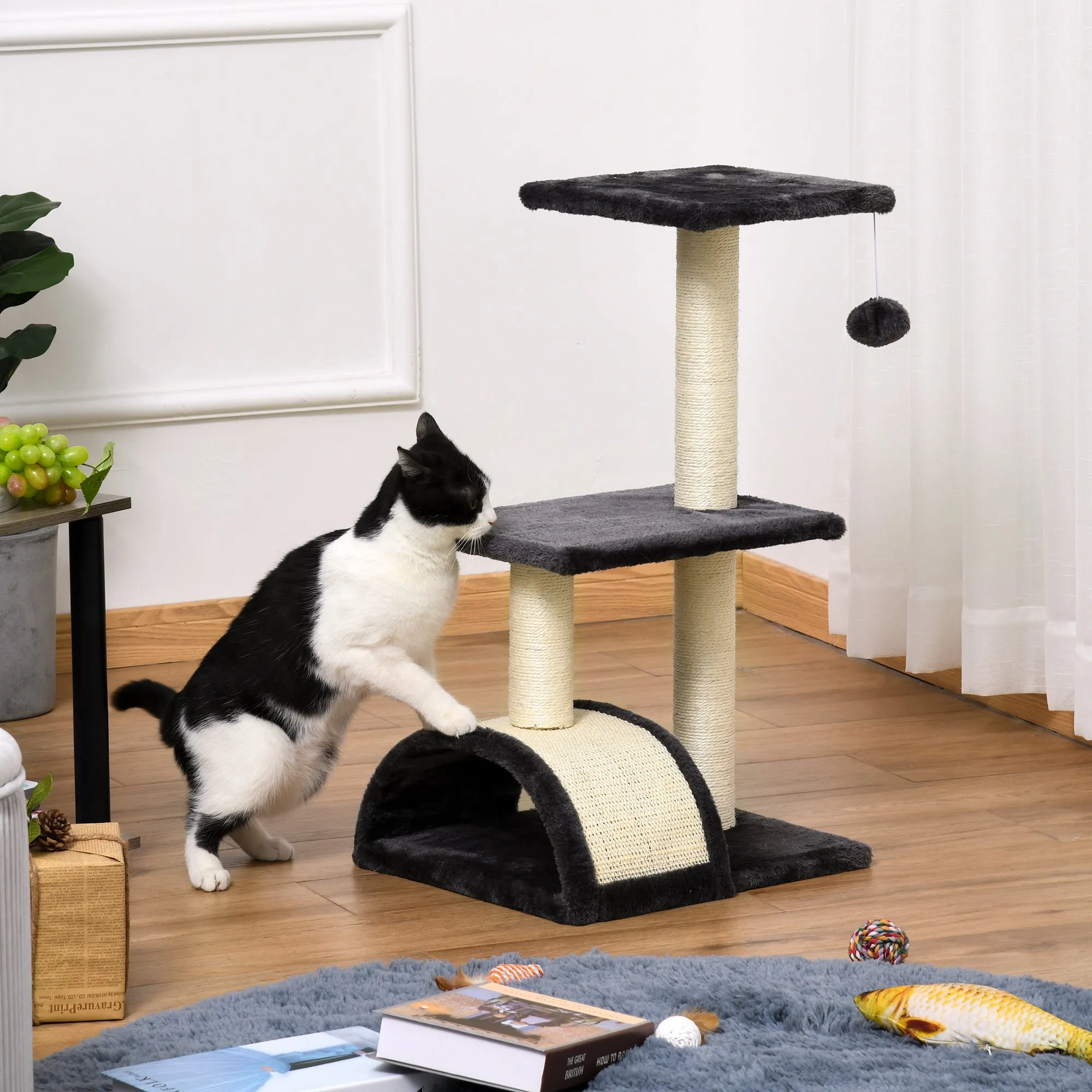 PawHut Cat Tree Activity Center w/ Scratching Posts Sisal Arc Hanging Ball Grey