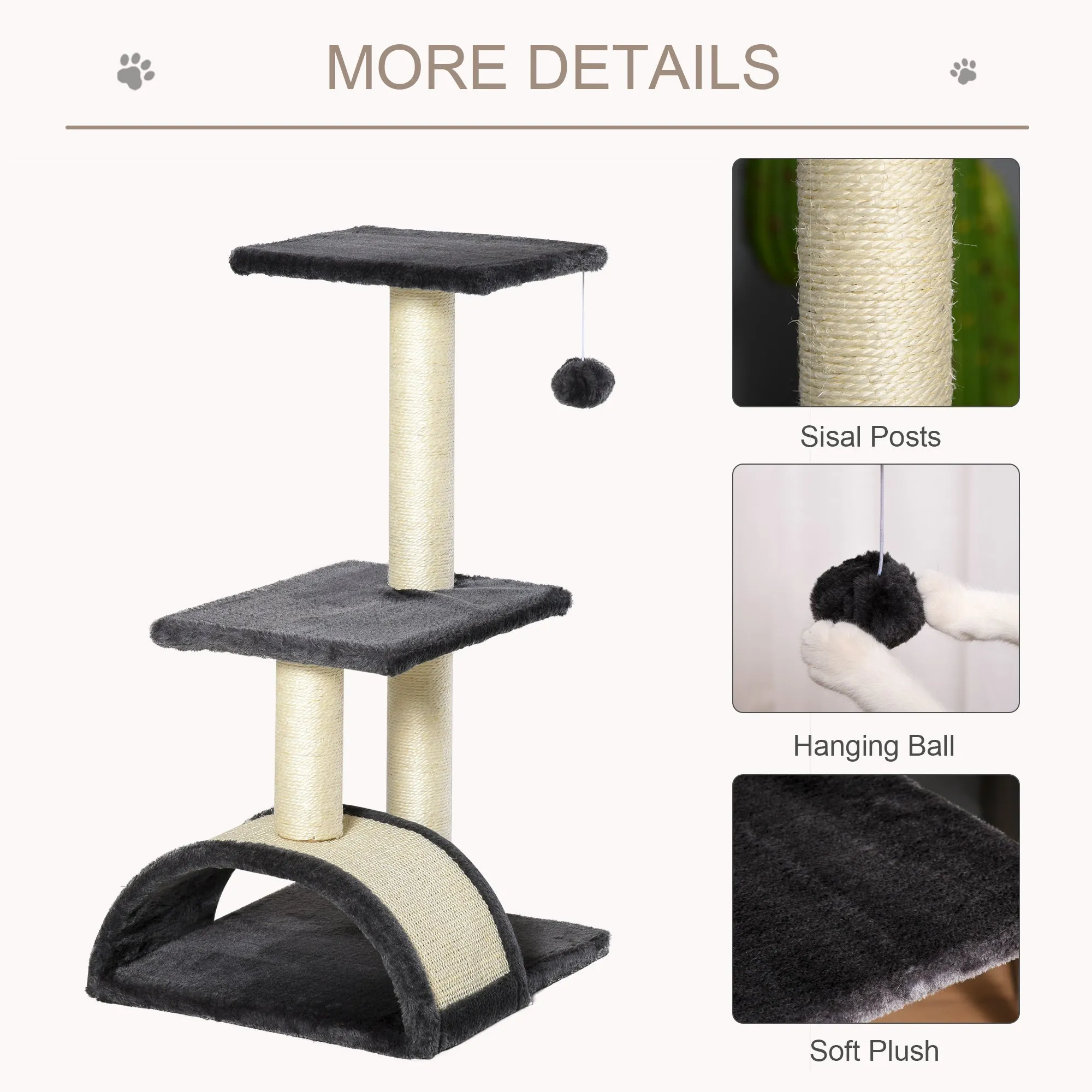 PawHut Cat Tree Activity Center w/ Scratching Posts Sisal Arc Hanging Ball Grey