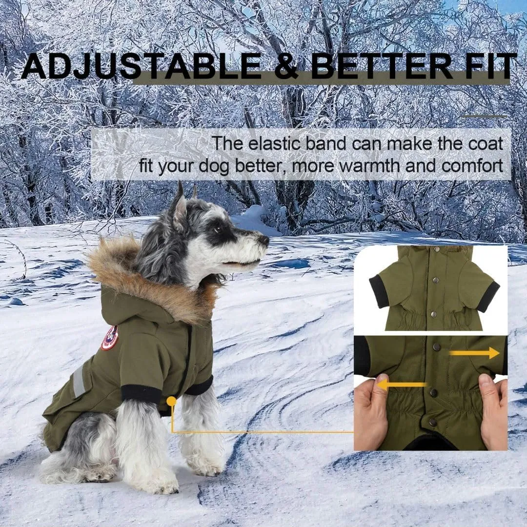 PINA Waterproof Dog Coat for Small Dogs - Winter Jacket With Warm Flannel Lining, Windproof Reflective Hoodie, Pocket, and Faux Fur Hood for Cold Weather