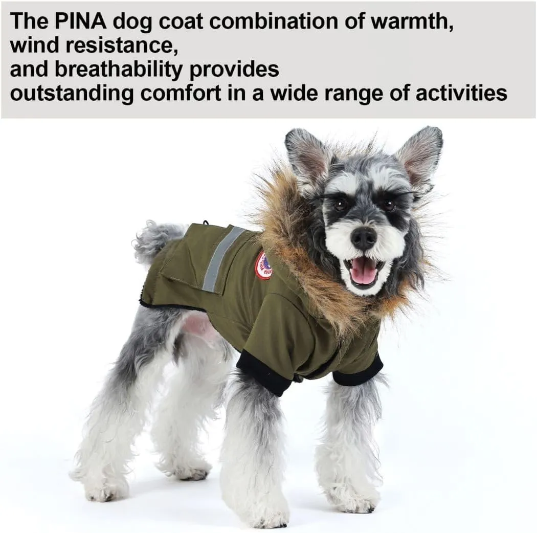 PINA Waterproof Dog Coat for Small Dogs - Winter Jacket With Warm Flannel Lining, Windproof Reflective Hoodie, Pocket, and Faux Fur Hood for Cold Weather