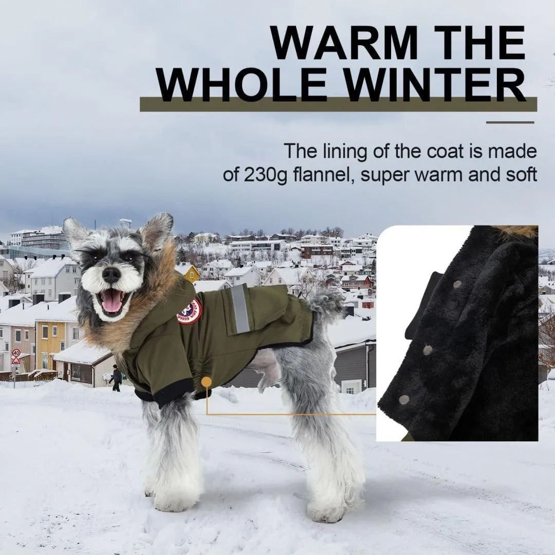 PINA Waterproof Dog Coat for Small Dogs - Winter Jacket With Warm Flannel Lining, Windproof Reflective Hoodie, Pocket, and Faux Fur Hood for Cold Weather