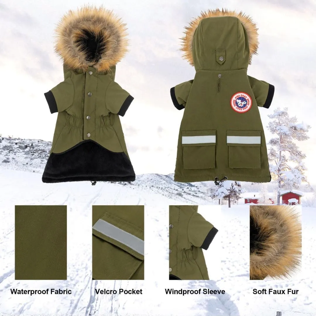 PINA Waterproof Dog Coat for Small Dogs - Winter Jacket With Warm Flannel Lining, Windproof Reflective Hoodie, Pocket, and Faux Fur Hood for Cold Weather