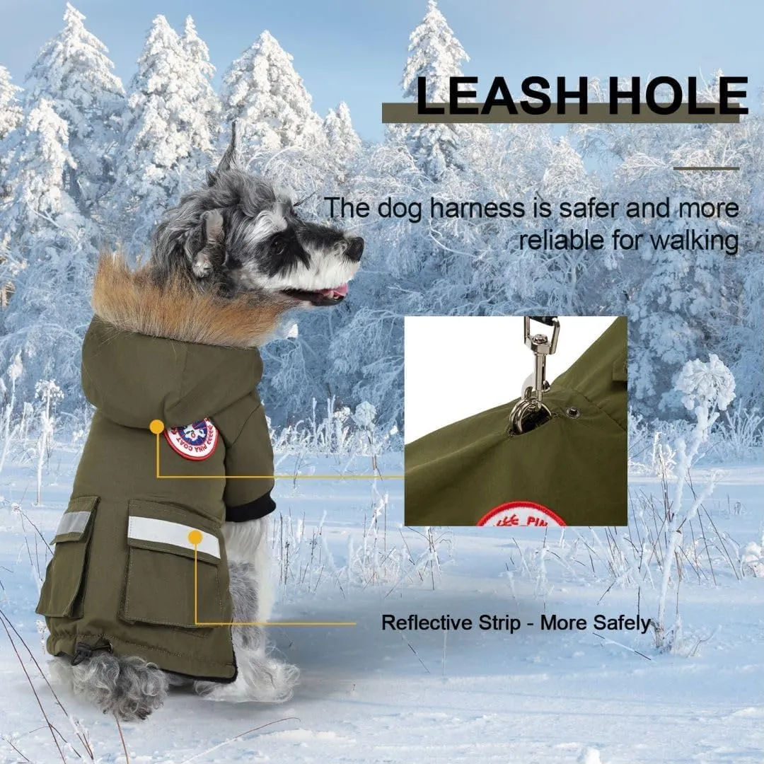 PINA Waterproof Dog Coat for Small Dogs - Winter Jacket With Warm Flannel Lining, Windproof Reflective Hoodie, Pocket, and Faux Fur Hood for Cold Weather