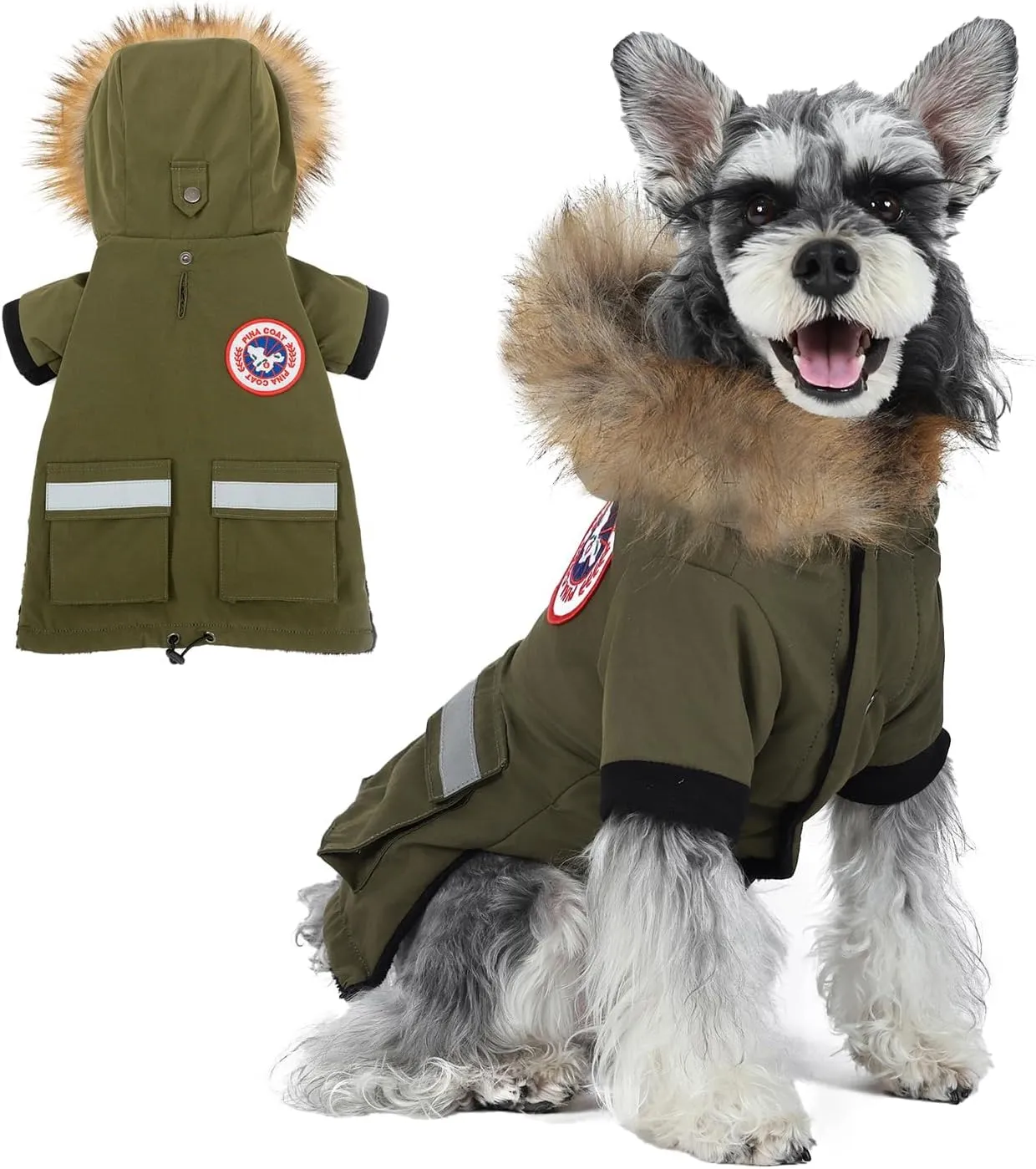 PINA Waterproof Dog Coat for Small Dogs - Winter Jacket With Warm Flannel Lining, Windproof Reflective Hoodie, Pocket, and Faux Fur Hood for Cold Weather
