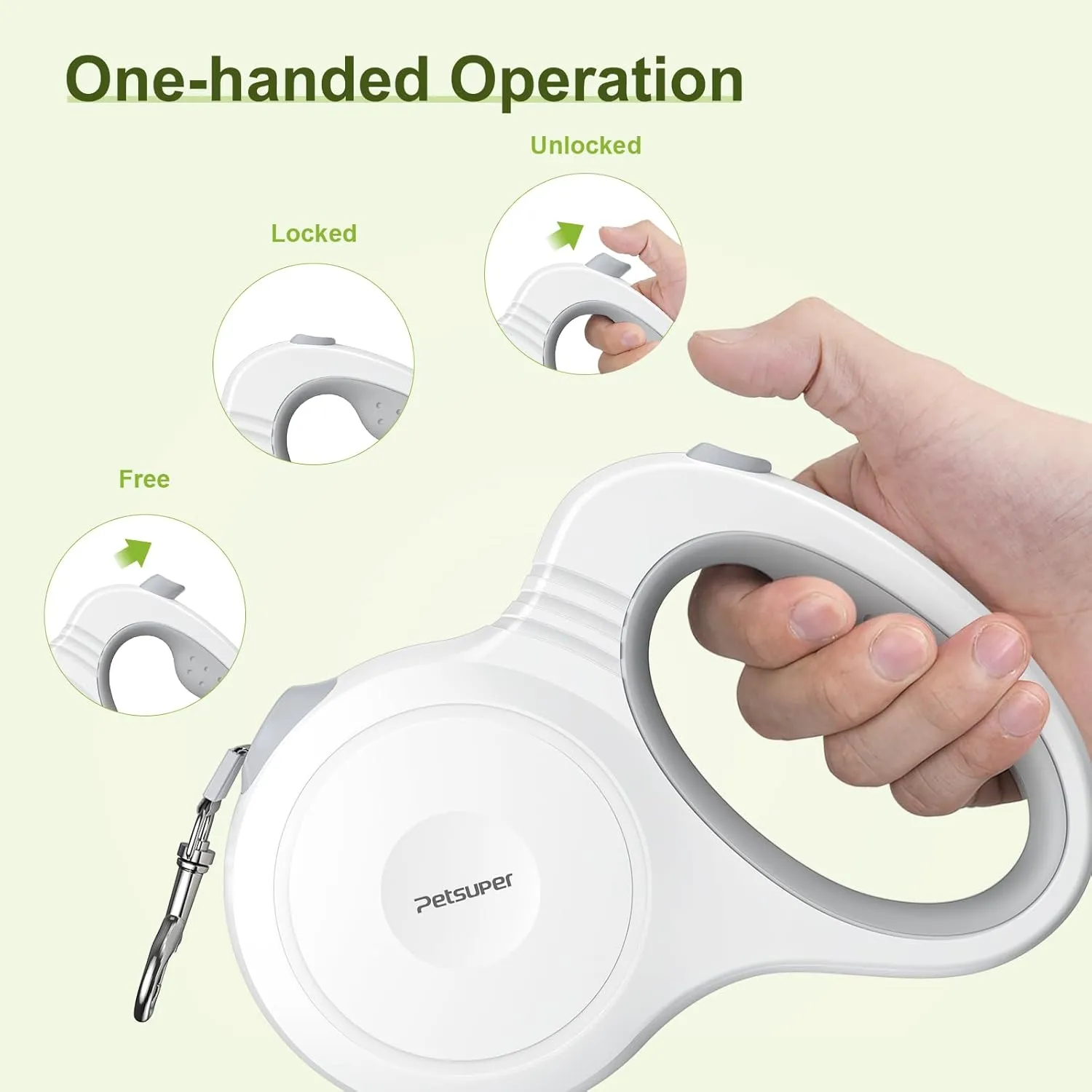 Retractable Dog Leash,16FT Dog Leash Retractable for Dogs up to 88lbs,360 No Tangle,One-Handed Brake,Big Grip,White