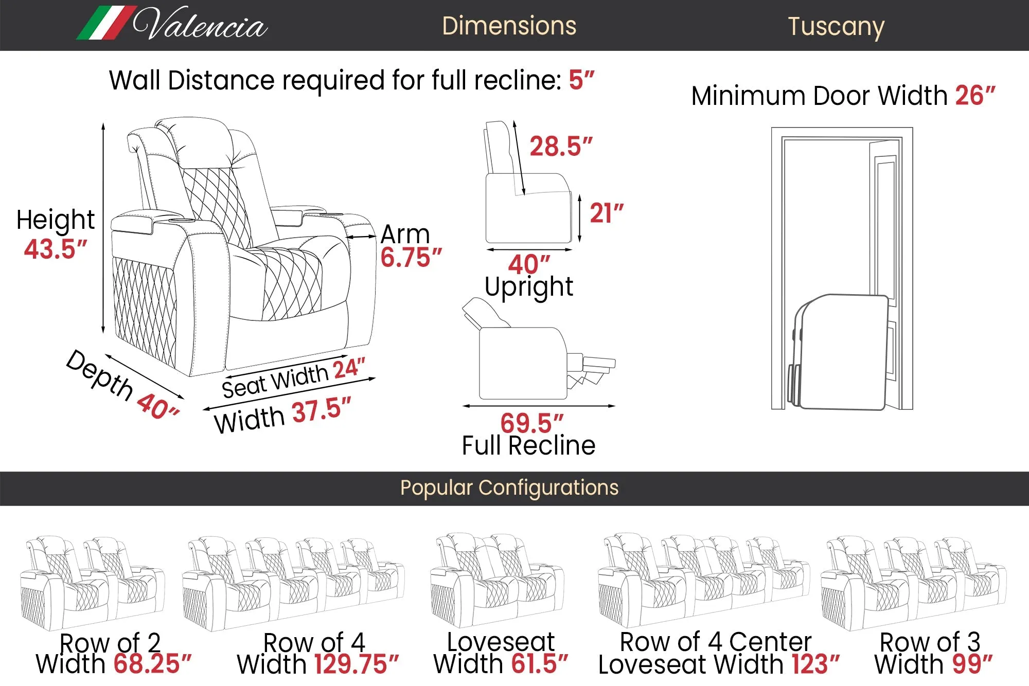 Valencia Tuscany Ultimate Luxury Heat & Ventilation Leather Home Theater Seating Row of 2, Onyx