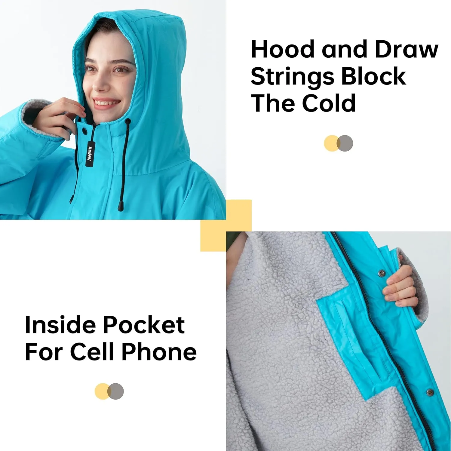 Warm Waterproof Swim Parka Adult, Oversized Hooded Changing Robe, Plush Fleece Winter Surf Poncho for Water Sports
