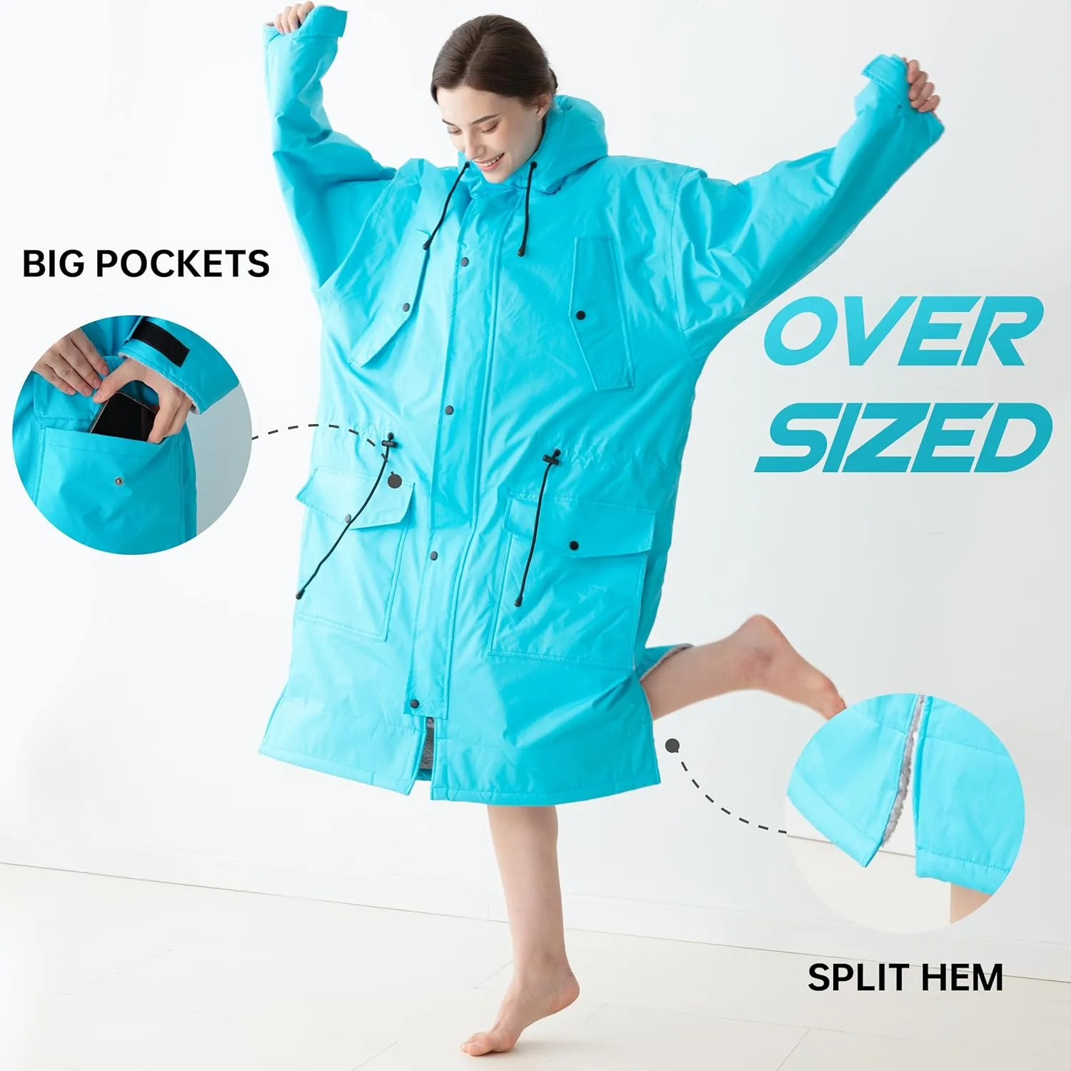 Warm Waterproof Swim Parka Adult, Oversized Hooded Changing Robe, Plush Fleece Winter Surf Poncho for Water Sports