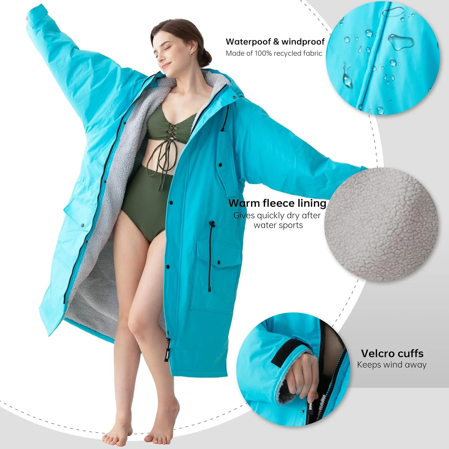 Warm Waterproof Swim Parka Adult, Oversized Hooded Changing Robe, Plush Fleece Winter Surf Poncho for Water Sports