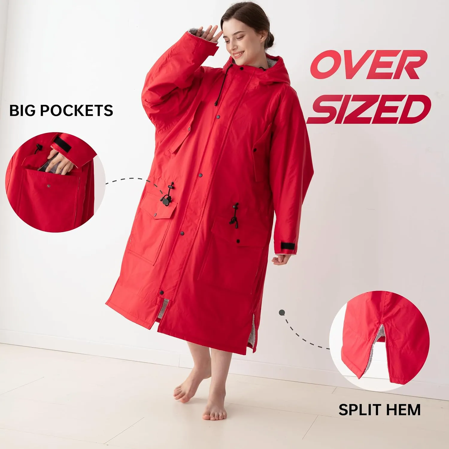 Warm Waterproof Swim Parka Adult, Oversized Hooded Changing Robe, Plush Fleece Winter Surf Poncho for Water Sports