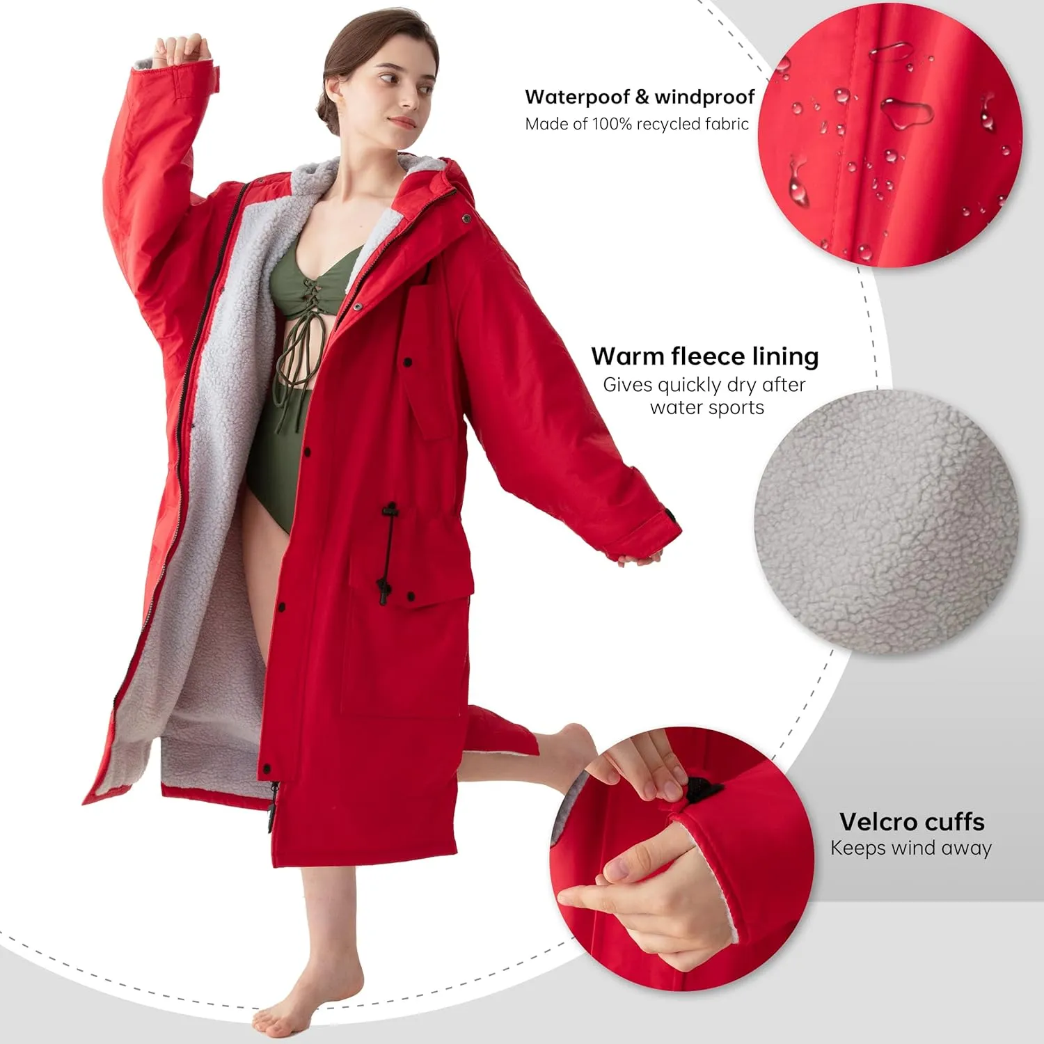 Warm Waterproof Swim Parka Adult, Oversized Hooded Changing Robe, Plush Fleece Winter Surf Poncho for Water Sports